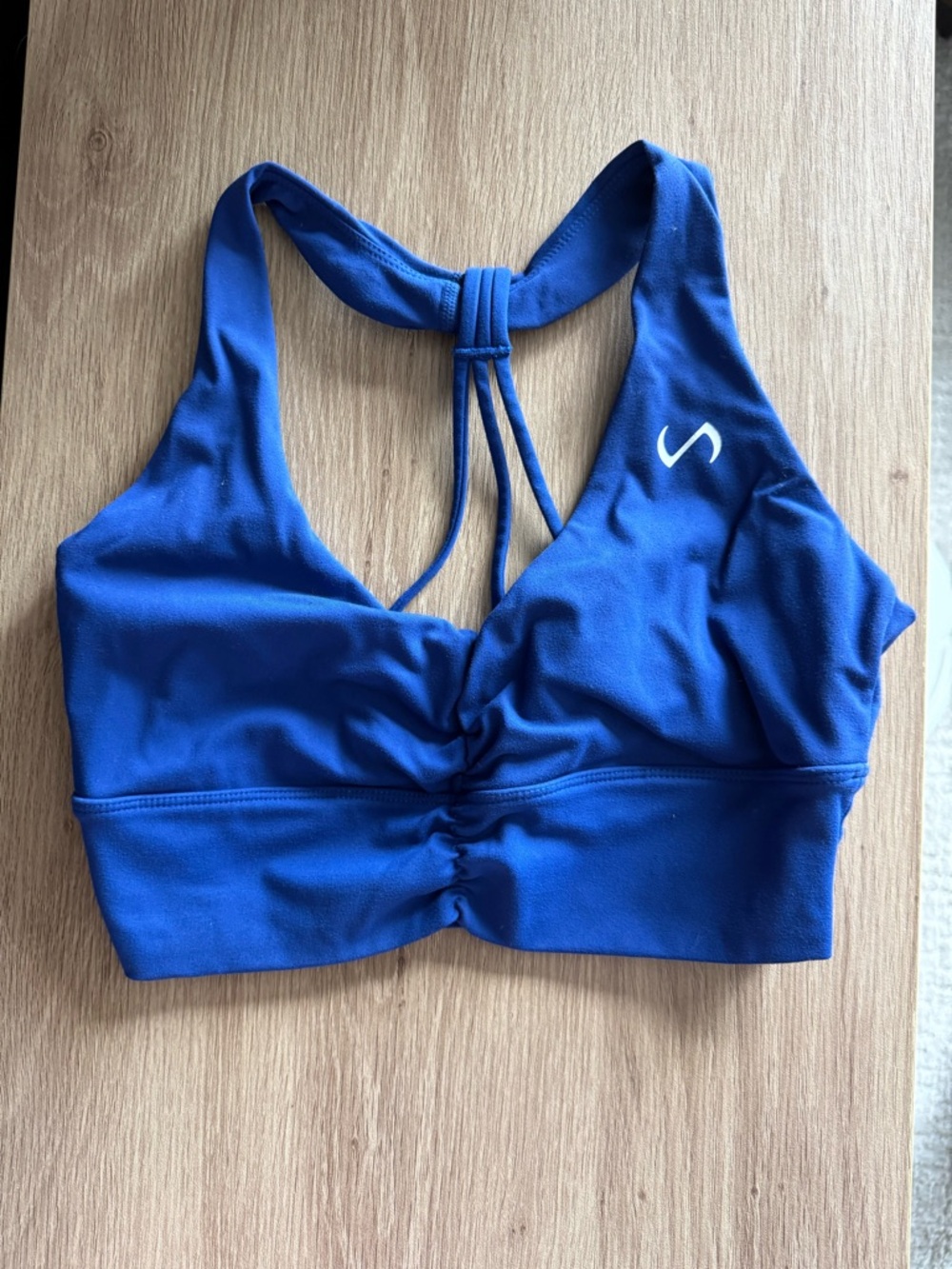 Strappy Royal Blue Sports Bra with Ruched Front